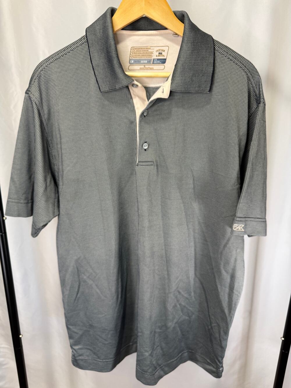 Cutter & Buck Mens Large DryTec Luxe Golf Polo Black White Micro Check Shirt